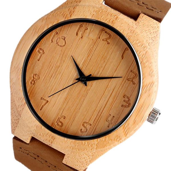 

arabic numerals analogue display bamboo watch for men women brown genuine leather band natural stylish wooden quartz wristwatches, Slivery;brown