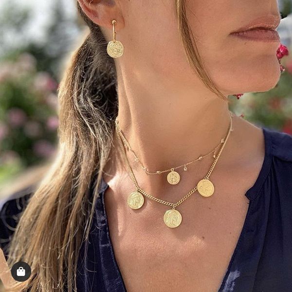 

pendant necklaces vintage carved coin necklace gold statement face goddess virgin mary angel long chain women, Silver