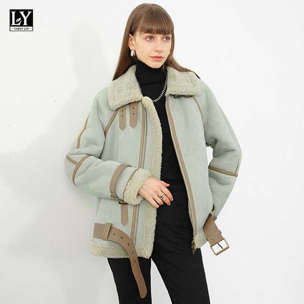 

ly varey lin winter women lapel lambs wool splicing pu leather coat faux lamb jacket stand collar fur thick outerwear 210526, Black