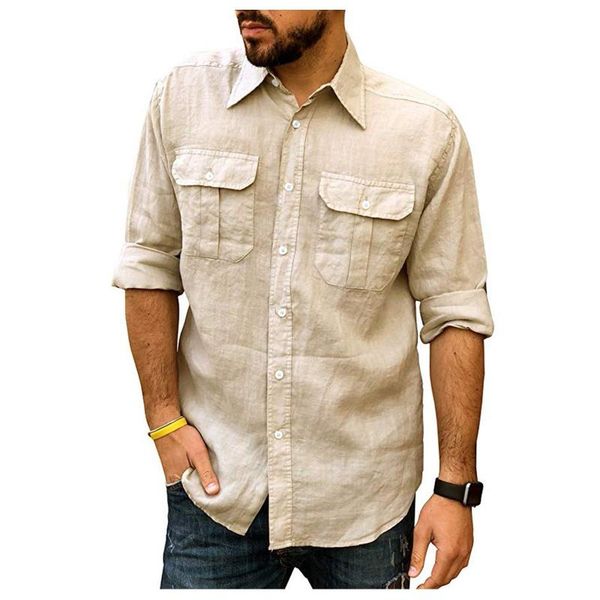 

summer men's baggy solid cotton linen long sleeve button pocket plus size hawaiian shirt camisa masculina streetwear casual shirts, White;black