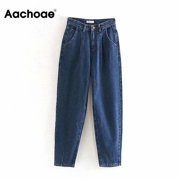 

aachoae women streetwear pleated mom jeans high waist loose slouchy pockets boyfriend pants casual ladies denim trousers 220310, Blue