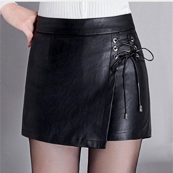 

women's shorts est womens pu leather black skirt large size spring and autumn female fashion lace-up m/4xl j2687 ika7, White;black