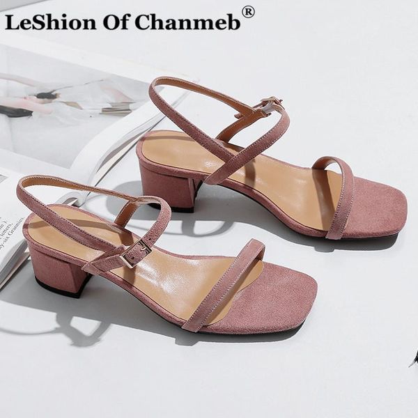 

fashionable faux suede square toe sandals for women ladies medium heels woman female narrow band buckle shoes 43, Black