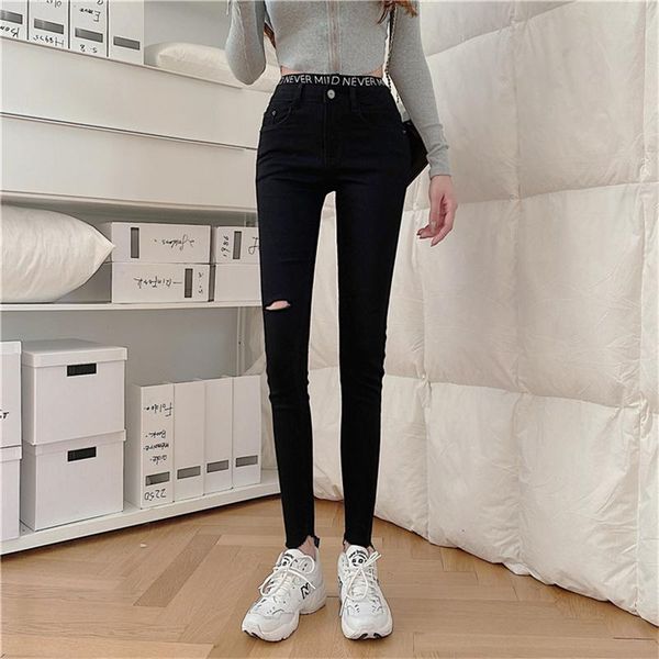 

women's jeans real s 2021 autumn season tight elastic letter high waist casual ripped women, Blue