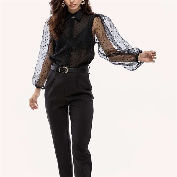 

summer women's casual solid color lapel long-sleeved see-through shirt 210430, White