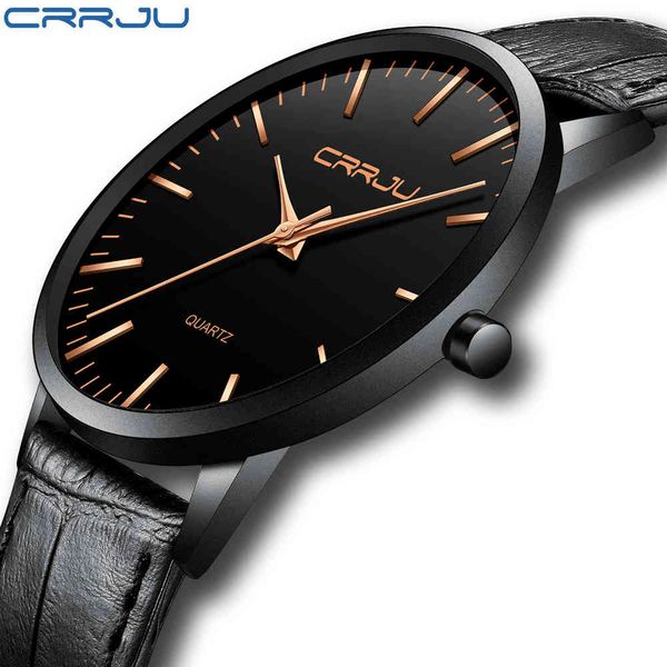 

luxury mens watches crrju men ultra thin waterproof sport quartz wristwatch male slim leather strap gift clock reloj hombre 210517, Slivery;brown
