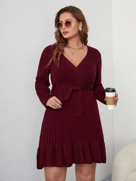 

plus surplice neck ruffle hem belted sweater dress l33z#, Black