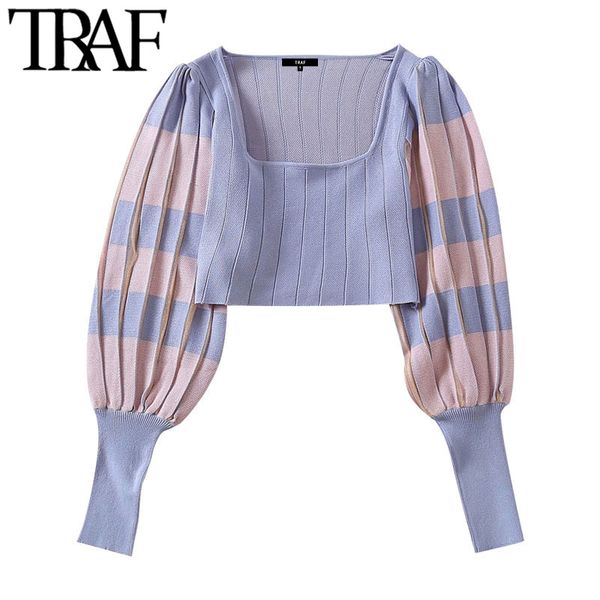 TRAF Women Chic Fashion Patchwork Top lavorato a maglia a pieghe elastico in vita Gonne longuette Set da donna Mujer 210415