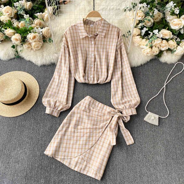 

ladies skirt women spring retro plaid casual set turndown-collar button loose +irregular bow slim short skirt two piece suit, White