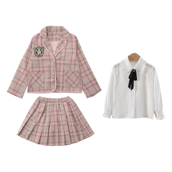 

20213-piecejksuitwhiteshirt+plaidskirt+jacketschooluniformstylefirgirlsteengirlsoutfitsautumnfashioncostume, Blue;gray