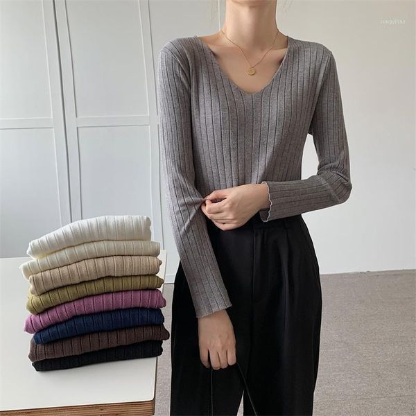 

women's sweaters knitted sweater 2021 winter v-neck long-sleeved t-shirt korean-style thin inner match low-necked underwear jum, White;black