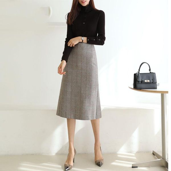 

skirts female waist skirt spring autumn 2021 fashion plaid simple slim woman mujer faldas zjt1819, Black