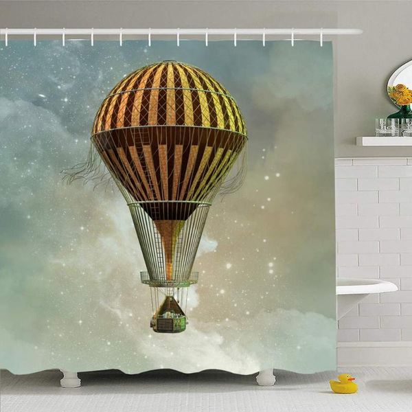 Duschvorhänge, Vorhang-Set mit Haken, 60 x 72 cm, Fantasie-Luftballon, 3D, magischer Himmel, Stil, Render, Sterne, Dampf, Transport, Luftschiff, Vintage