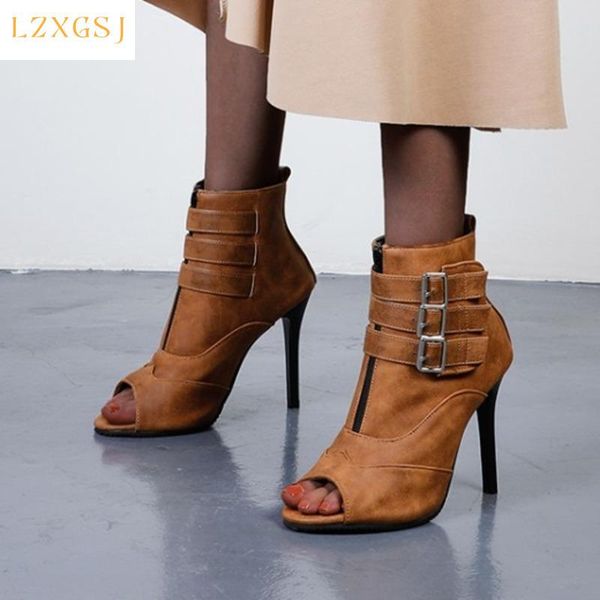 

summer fashion women shoes 2021 stiletto high heel fish mouth ankle boots leather snake buckles zip female short booties, Black