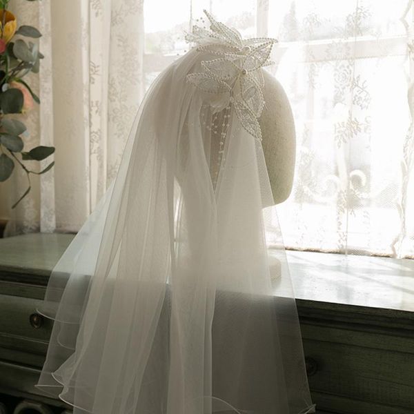 

bridal veils handmade lace flowers with pearls beads 2 layers velo novia short bride headdress comb accesorios para cabeza de, Black