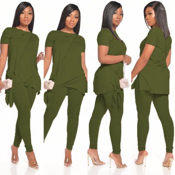 

solid women's set o-neck bow hem t-shirts pencil pants suit tracksuit sporty two piece fitness & capris, Black;white