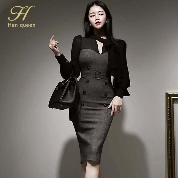 

casual dresses h han queen autumn lace-up chiffon stitching double-breasted bodycon sheath pencil dress office black party, Black;gray