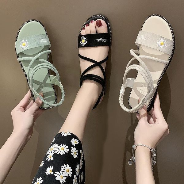 

sandals 2021 female summer wear korean students net red casual flat bottom fashion beach roman shoes, Black