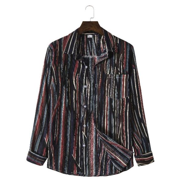 

men's casual shirts summer striped printed turn down collar long-sleeved cotton and linen pocket streetwear loose, White;black