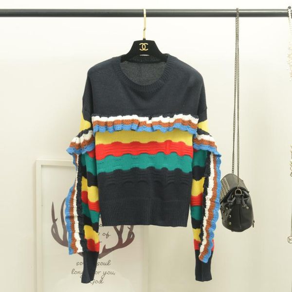 

women's sweaters woman knitted ruffles colorful striped long sleeve sweater pullovers for sweet women, White;black