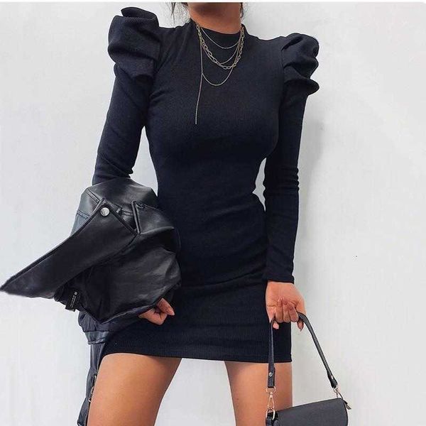 

autumn female casual base all-match knitted dress slim solid puff sleeve bag hip mini party nightclub dresses_yw_rw, Black;gray