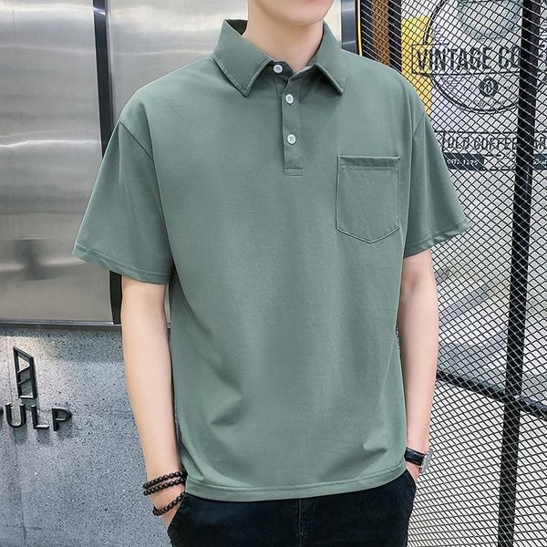 

men's polos summer male short sleeve shirt pure color casual simple loose collared pocket t-shirt for men clothes trend, White;black