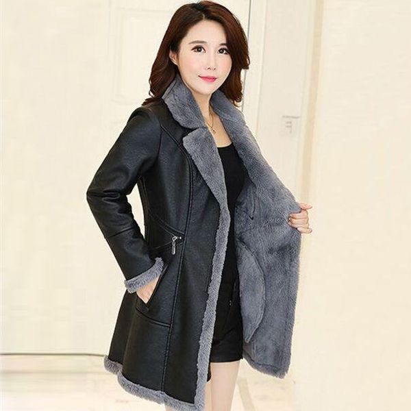 

women's leather & faux autumn women long black soft trench coat female sleeve elegant fashion jackets ladies fur jacket q1
