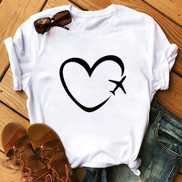 

women's t-shirt simple summer travel plane heart love print women tshirt cotton casual funny t shirt gift lady yong girl tee, White