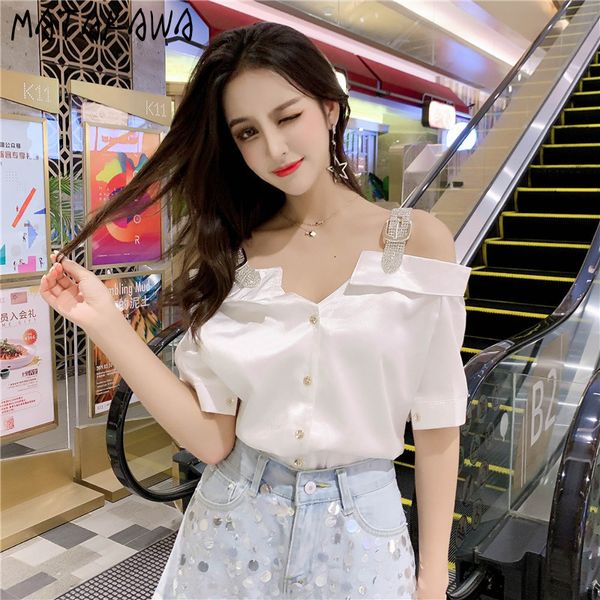 

matakawa summer shirt women off-the-shoulder short-sleeved women blouses slash neck loose casual blusas mujer de moda 210513, White