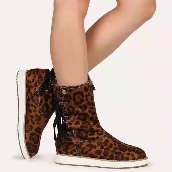 

boots 2021 women snow autumn winter lace-up mid-cut fashion comfortable leopard print snake color match female shoes, Black