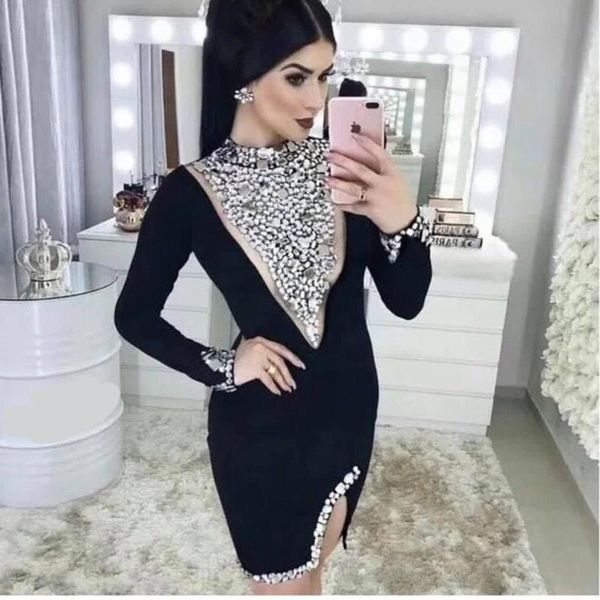 

casual dresses bodycon women bandage dress vestido 2021 black beading long sleeve stretch club celebrity evening party, Black;gray