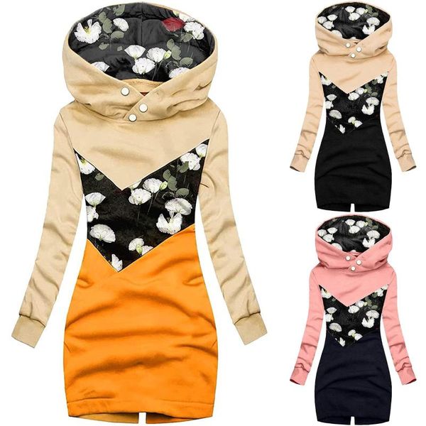 

women's hoodies & sweatshirts ladies loose print splicing hooded high collar pocket long sleeve with fleece patchwork sweatshirt, Black