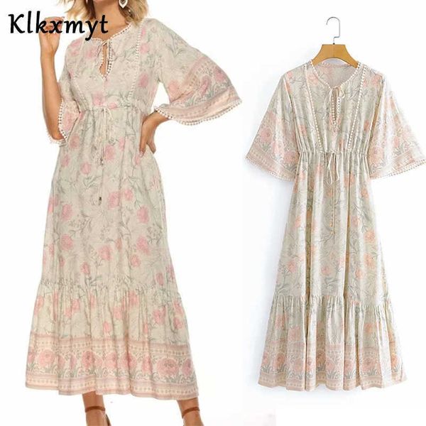 

klkxmyt indie folk vintage boho floral print lace up summer za dress women vestidos de fiesta noche maxi 210527, Black;gray