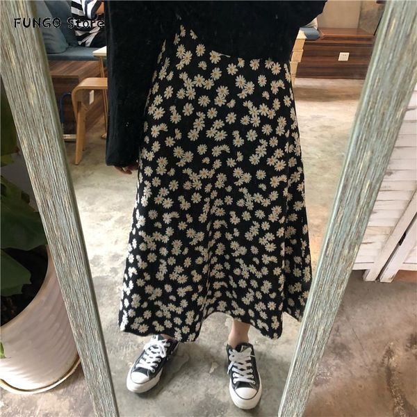 

skirts summer vintage floral print ruffle kawaii saia drop falda long harajuku women korean streetwear elastic waist midi skirt, Black