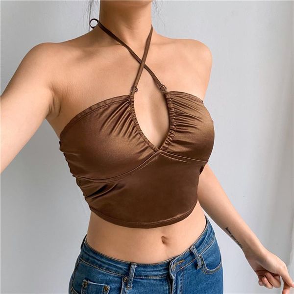 

women's tanks & camis strappy brown y2k halter crop women summer backless cami tees ladies fashion fitness camisole party goth, White