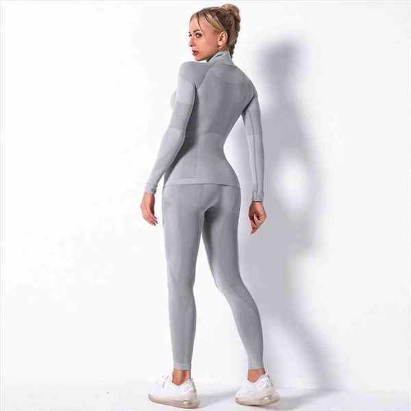 

women seamless set fitness sports suits gym clothes workout long sleeve shirts high waist running leggings pants suits, White