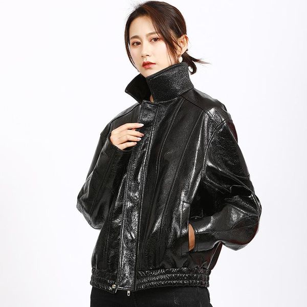 

women's leather & faux women stand collar sheepskin genuine coat jacket for motocycle biker loose design black autumn fall large size x
