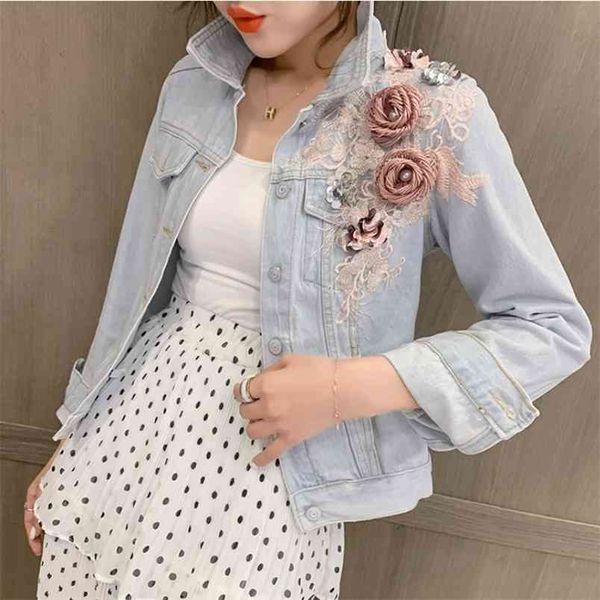 Outono mulheres streetwear jaquetas curtas jaquetas 3d flor estereoscópico apliques beading bordado denim casaco casual menina 210519