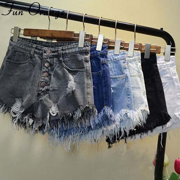 

fun orange european and american summer wind female blue high waist denim shorts women worn loose burr hole jeans women's, White;black