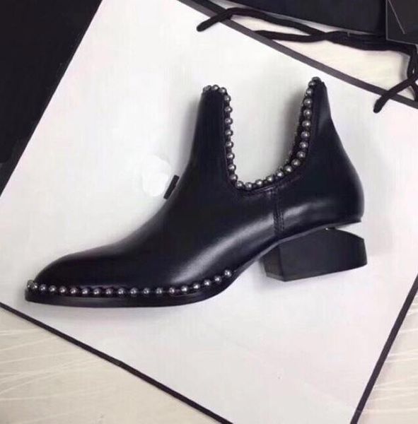 

boots early autumn square heel cowhide pointed women's shoes personalized metal chain short, Black