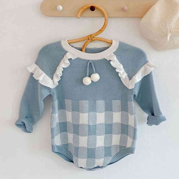 

spring autumn born infant baby girls grid knit rompers clothing kids girl long sleeve clothes 210429, Blue