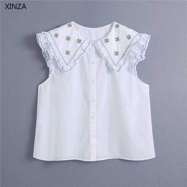 

women's blouses & shirts women openwork embroidery shirt sleeveless ruffle vintage summer female fashion button fit white emb