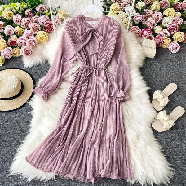 

casual dresses women bow neck chiffon dress 2021 autumn long polka dot pleated fashion vintage elegant green, Black;gray
