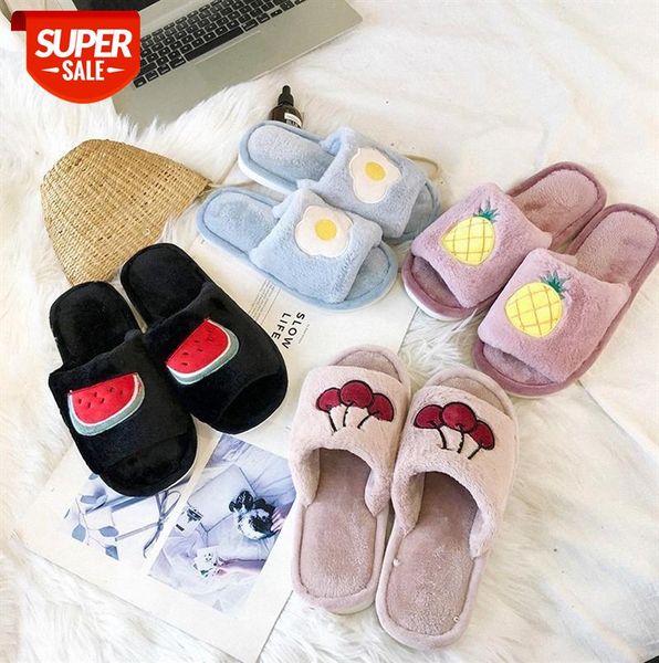 

fruit plush slippers, lovely warm indoor one-word korean style home cotton slippers women #o105, Black