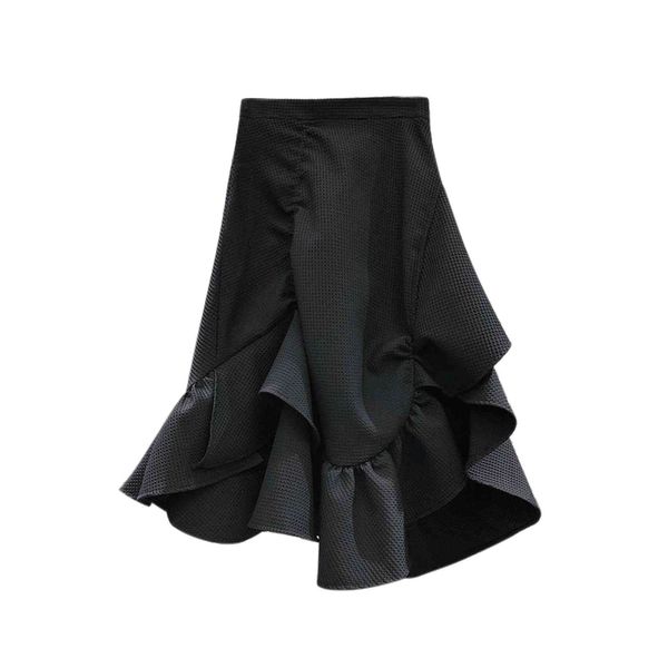 

spring summer new solid a line high waist ruffles lace irregular plaid black woman skirts 210421