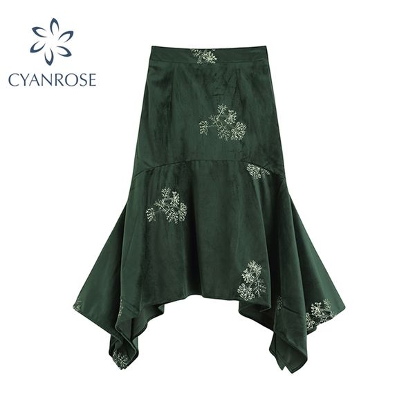 

green retro vintage skirt womens midi flannel hem irregular design high waist floral embroidery spring clothing 210430, Black