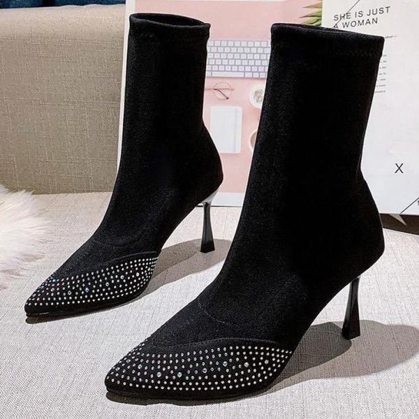 

boots 2021 luxury women sparkly high heels glitter knitting stiletto bling ankle stretch sock big size shoes, Black