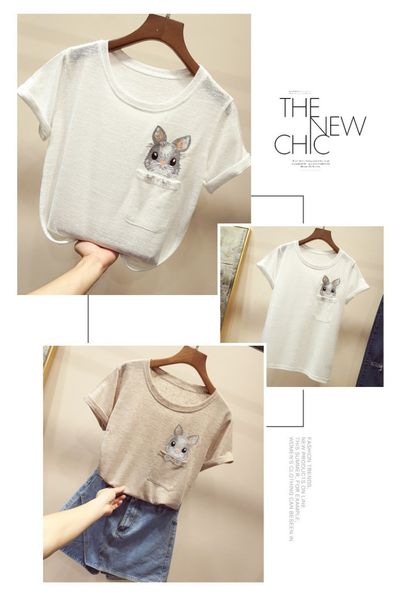 

women's short sleeve cartoon embroidered rabbit printed casual cotton t-shirt cute pocket tees shirts ladies loose pullover, White