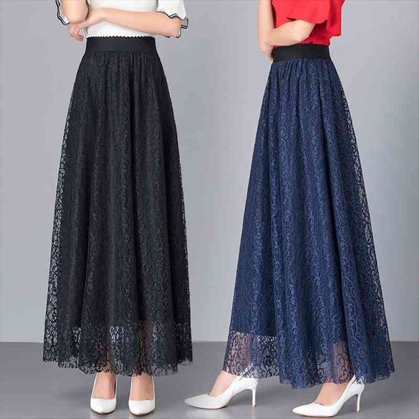 

summer spring autumn lace elastic high waist long skirt a-line skirt black red party plus size mujer faldas