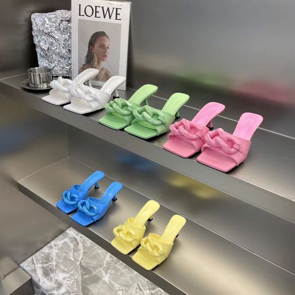 

sandals fashion women slippers open toe ladies summer slides thin high heels candy color slip on metal chain pink green pumps 0my1, Black